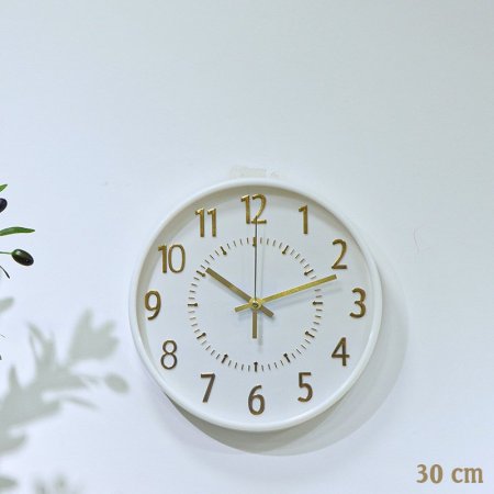 ساعة مدور 30سم بلاستك ابيض وجه مكتب ارقام ذهبي EL153/7 =ت.ش2