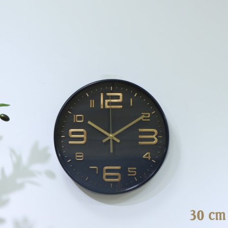 ساعة مدور 30سم بلاستك اسود وجه مكتب ارقام عريض ذهبي EL153/8 =ت.ش2