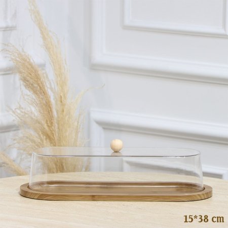 مضيفة خشب بني محزز بيضاوي 38*15سم غطا اكرلك شفاف EL128/1 =رم4