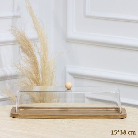 مضيفة خشب بني محزز مستطيل 38*15سم غطا اكرلك شفاف EL128/2 =رم4