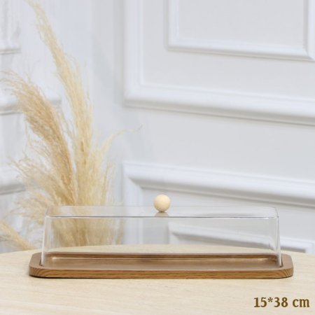 مضيفة خشب بني فاتح مستطيل 38*15سم غطا اكرلك شفاف EL128/4 =رم4