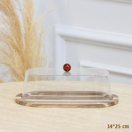 مضيفة خشب بني وبيج بيضاوي 25*14سم غطا اكرلك شفاف EL128/11 =رم4