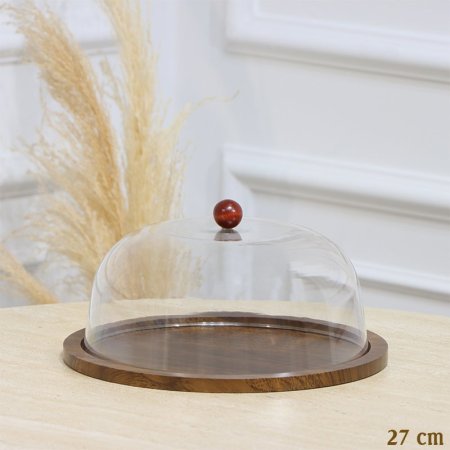 جاط كيك خشب بني غامق مدور 27سم غطا اكرلك شفاف EL128/14 =رم4