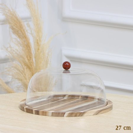 جاط كيك خشب بني وبيج مدور 27سم غطا اكرلك شفاف EL128/15 =رم4
