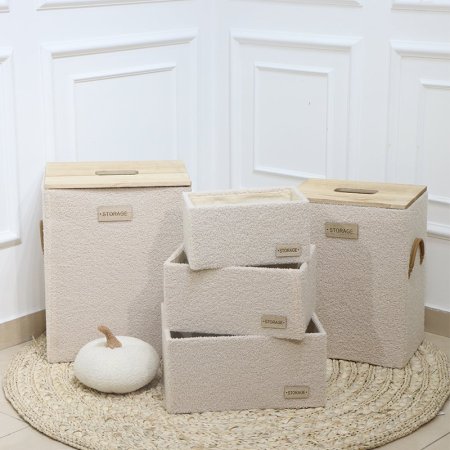 طقم/5 2 سلة غسيل بغطا +3 صندوق مستطيل خشب وجة فرو كابتشينو EL58/2 =ت.ش2