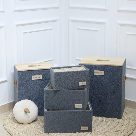 طقم/5 2 سلة غسيل بغطا +3 صندوق مستطيل خشب وجة فرو سكني EL58/3 =ت.ش2