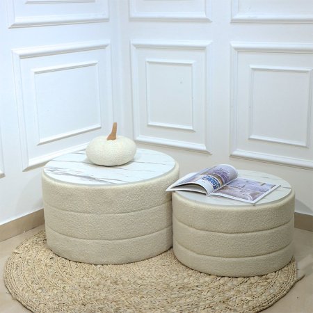 طقم طاولة تخزين/2 احجام مدور وجه خشب ماربل اطار فرو بيج EL154/2 =ت.ش2