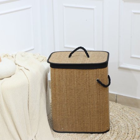 سلة غسيل بيضاوي قصب خشبي وجه اسود قماش بغطا EL154/3 =ت.ش2