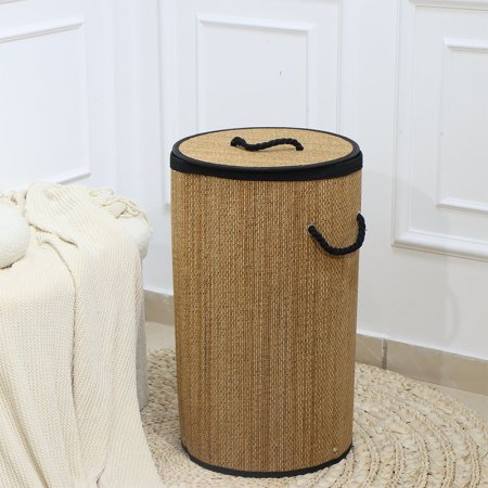 سلة غسيل مدور قصب خشبي وجه اسود قماش بغطا EL154/4 =ت.ش2