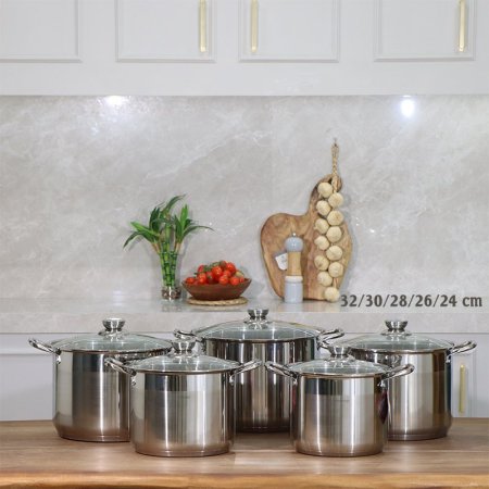 طقم طناجر ستانلس ستيل /5 احجام 24/26/28/30/32سم غطا زجاج A14/3 =ت.ش2