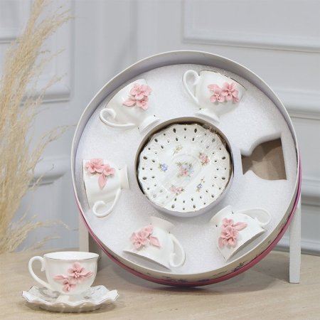 طقم فناجين قهوة 6/6 بورسلان ابيض مضلع مرسم وردة زهري بارز EL190/1 =ت.ش1