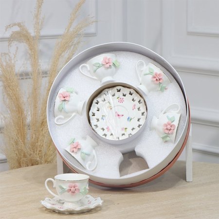 طقم فناجين قهوة 6/6 بورسلان ابيض مرسم وردة زهري اطار فراشة ملون بارز EL190/3 =ت.ش1