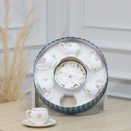 طقم فناجين قهوة 6/6 بورسلان ابيض مرسم فراشات ملونة بارزة EL190/4 =ت.ش1