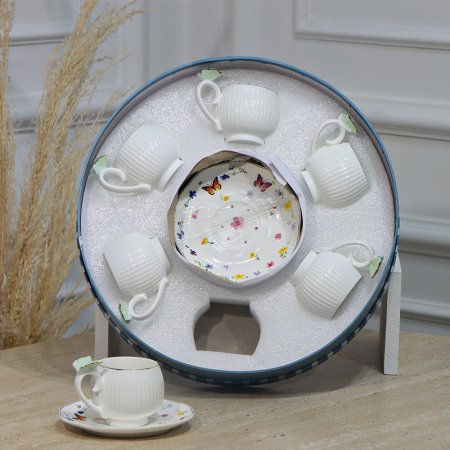 طقم فناجين قهوة 6/6 بورسلان ابيض محزز يد فراشة فستقي EL190/5 =ت.ش1