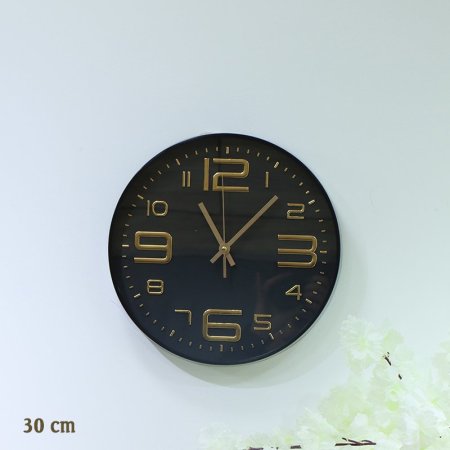 ساعة حائط مدور 30سم بلاستك اسود مكتب ارقام ذهبي EL183/3 =رم7