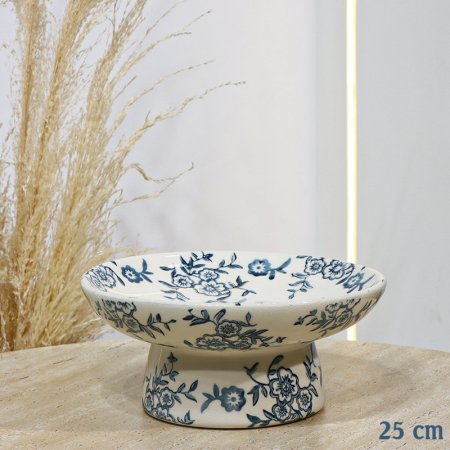 جاط فواكة بورسلان مدور 25سم بيج لميع مرسم ورد ازرق EL98/1 =ت.ش2