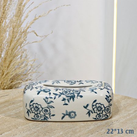 بكيت محارم بورسلان بيضاوي 22*13سم بيج لميع مرسم ورد ازرق EL98/2 =ت.ش2