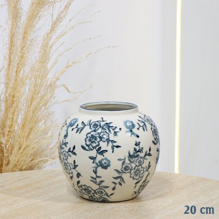 فازة بورسلان مدور 20سم بيج لميع مرسم ورد ازرق EL98/3 =ت.ش2