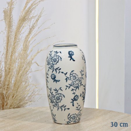 فازة بورسلان بيضاوي 30سم بيج لميع مرسم ورد ازرق EL98/4 =ت.ش2