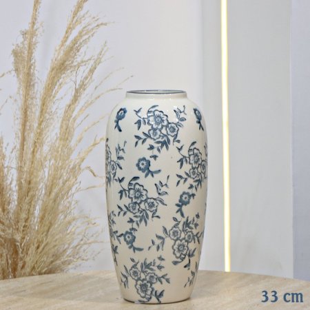 فازة بورسلان بيضاوي 33سم بيج لميع مرسم ورد ازرق EL98/5 =ت.ش2