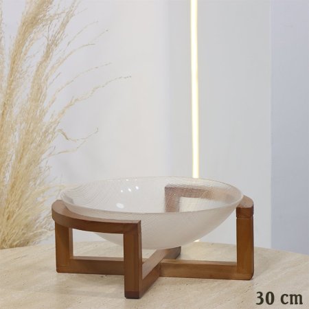 جاط فواكة مدور 30سم زجاج  محزز قاعدة خشب EL98/13 =ت.ش2