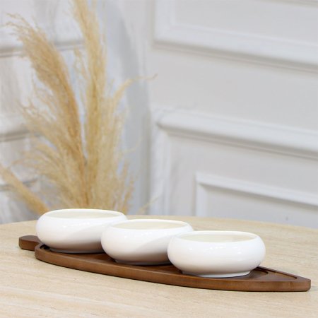 طقم/4 مضيفة خشب ورقة +3 صحون بورسلان ابيض شكل بيضاوي EL1/1 =رم4