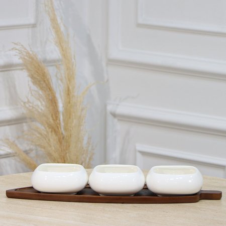 طقم/4 مضيفة خشب ورقة +3 صحون بورسلان ابيض شكل مربع EL1/2 =رم4