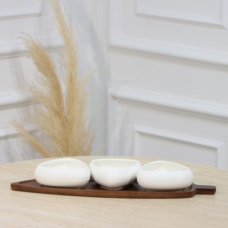 طقم/4 مضيفة خشب ورقة +3 صحون بورسلان ابيض شكل مثلث EL1/3 =رم4