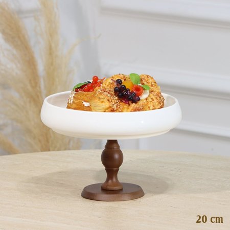 مضيفة بورسلان ابيض مدور 20سم برجل خشب بامبو EL1/8 =رم4