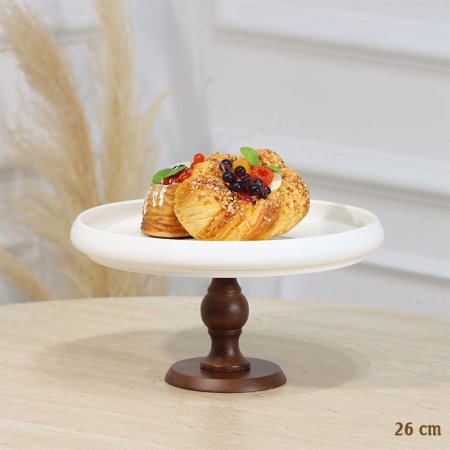 مضيفة بورسلان ابيض مدور 26سم برجل خشب بامبو EL1/9 =رم4