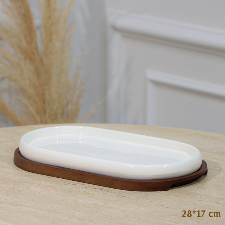 صحن بورسلان بيضاوي 28*17سم قاعدة خشب بامبو EL1/11 =رم4