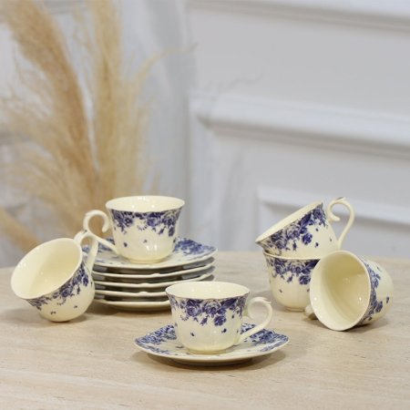 طقم فناجين قهوة 6/6 كريمي حيف ورد بنفسجي EL1/14 =رم4