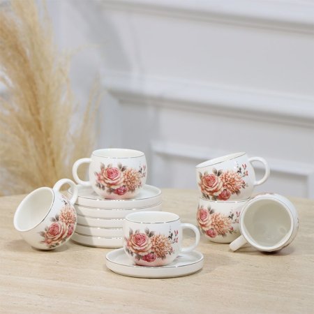 طقم فناجين قهوة 6/6 قدرة ابيض مرسم ورد جوري EL1/15 =رم4