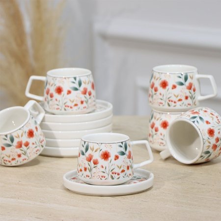 طقم فناجين قهوة 6/6 قدرة ابيض مرسم ورد EL1/16 =رم4