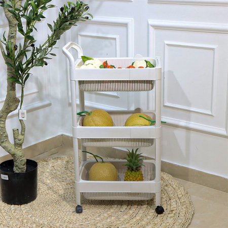 سلة خضار مستطيل محزز 3 طبقة بلاستك ابيض عجلات EL178/12 =ت.ش2