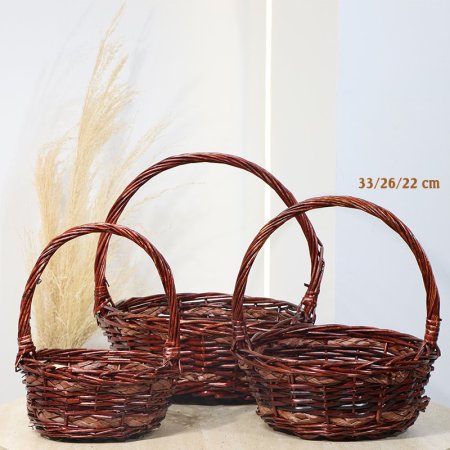 طقم سلة/3 قش 22/26/33سم مدور بني محروق يد قوس EL175/5 =رم7