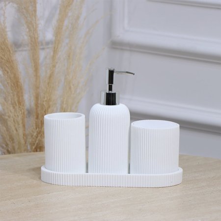 طقم /4 صينية بيضاوي +مصبنة+ كاسة + علبة بغطا جبص ابيض  محزز بالطول EL177/7 =ت.ش3