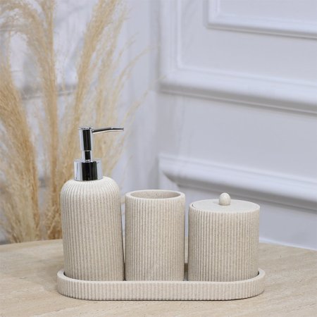 طقم /4 صينية بيضاوي+مصبنة+ كاسة + علبة بغطا جبص بيج محزز بالطول EL177/8 =ت.ش3