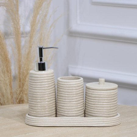 طقم /4 صينية بيضاوي+مصبنة+ كاسة + علبة بغطا جبص بيج محزز بالعرض EL177/12 =ت.ش3