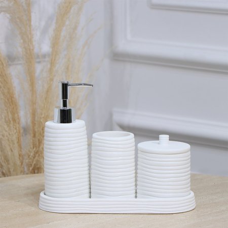 طقم /4 صينية بيضاوي +مصبنة+ كاسة + علبة بغطا جبص ابيض  محزز بالعرض EL177/13 =ت.ش3