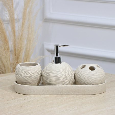 طقم/4 صينية بيضاوي مصبنة بيضاوي+ 2كاسة جبص بيج محزز EL177/14 =ت.ش3