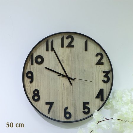 ساعة حائط مدور 50سم بلاستك اسود وجه خشبي فاتح مكتب ارقام اسود EL152/6 =رم7