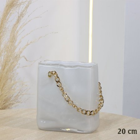 فازة  زجاج ابيض مستطيل 20سم شكل شنتة مسكة ستانلس ذهبي EL165/9 =ت.ش2