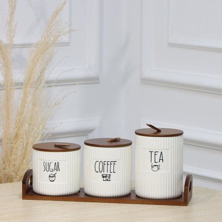 طقم/4 قاعدة خشب + 3 علب بهارات محزز مكتب شاي وقهوة وسكر EL125/1 =ت.ش1