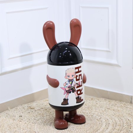 سلة مهملات اطفال بلاستك مدور ابيض مرسم كرتون ولد غطا اسود EL136/3 =ت.ش3