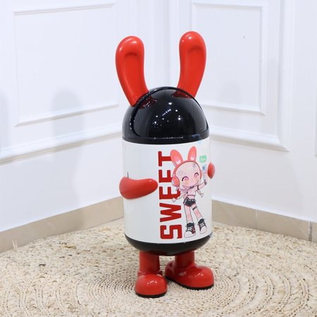 سلة مهملات اطفال بلاستك مدور ابيض مرسم كرتون بنت غطا اسود EL136/4 =ت.ش3