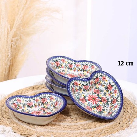 صحن بورسلان خزف 12سم شكل قلب ت.ك6 اطار كحلي B069 وجه ورد بيج وزهري واخضر ++ZW