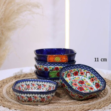 صحن بورسلان خزف 11سم شكل ثماني ت.ك6 اطار كحلي B197 وجه ورد بيج وزهري واخضر ++ZW