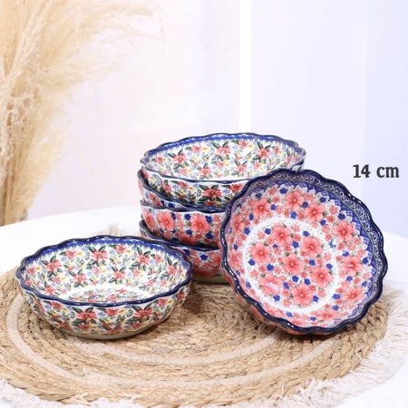 صحن بورسلان خزف 14سم شكل وردة ت.ك6 اطار كحلي B199/6 وجه ورد بيج وزهري واخضر ++ZW