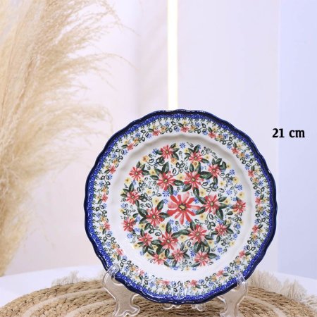 صحن جور بورسلان خزف 21سم شكل وردة ت.ك2 اطار كحلي B181/8 وجه ورد بيج وزهري واخضر ++ZW